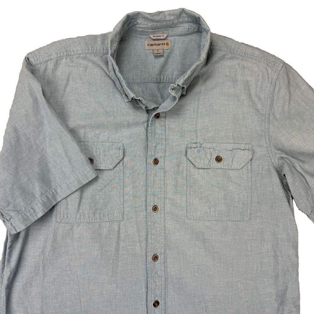Vintage Carhartt Workwear Chambray Button XL Mens Short Sleeve Blue Solid Cotton
